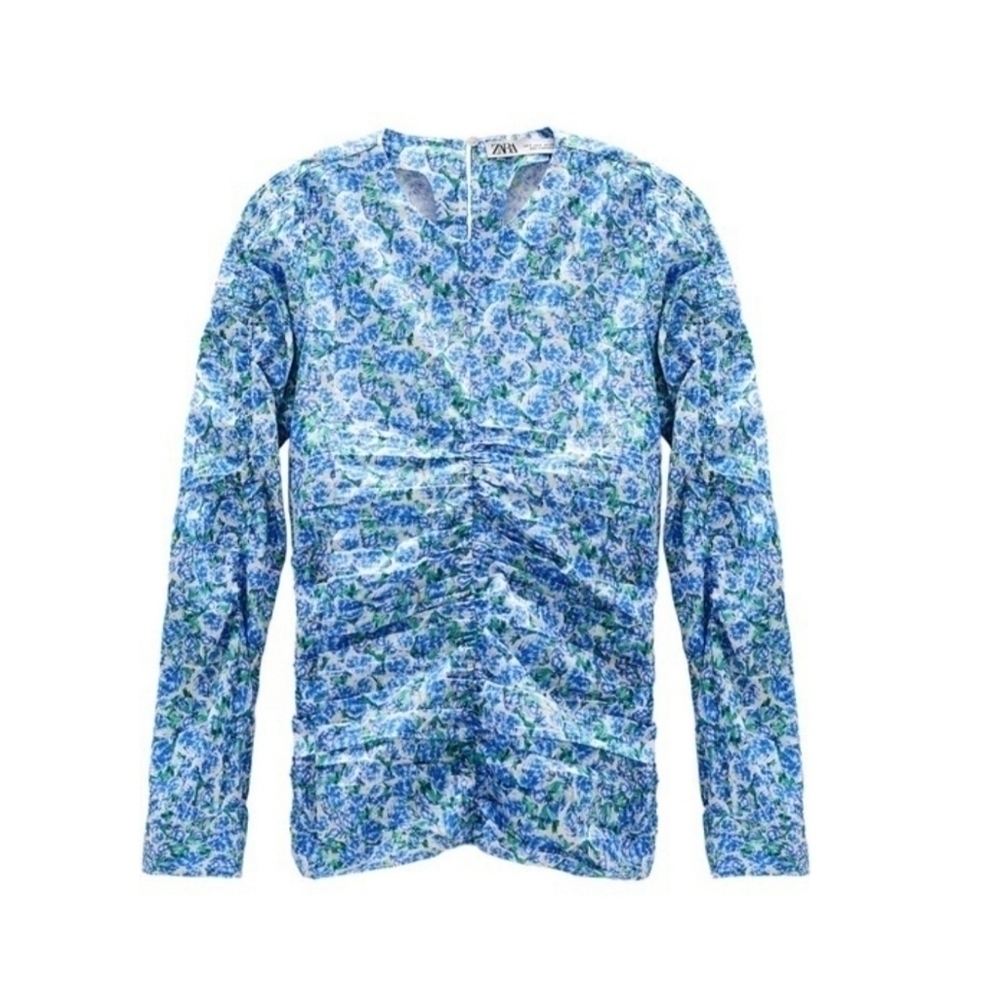 ZARA Blue Floral Gathered Blouse
